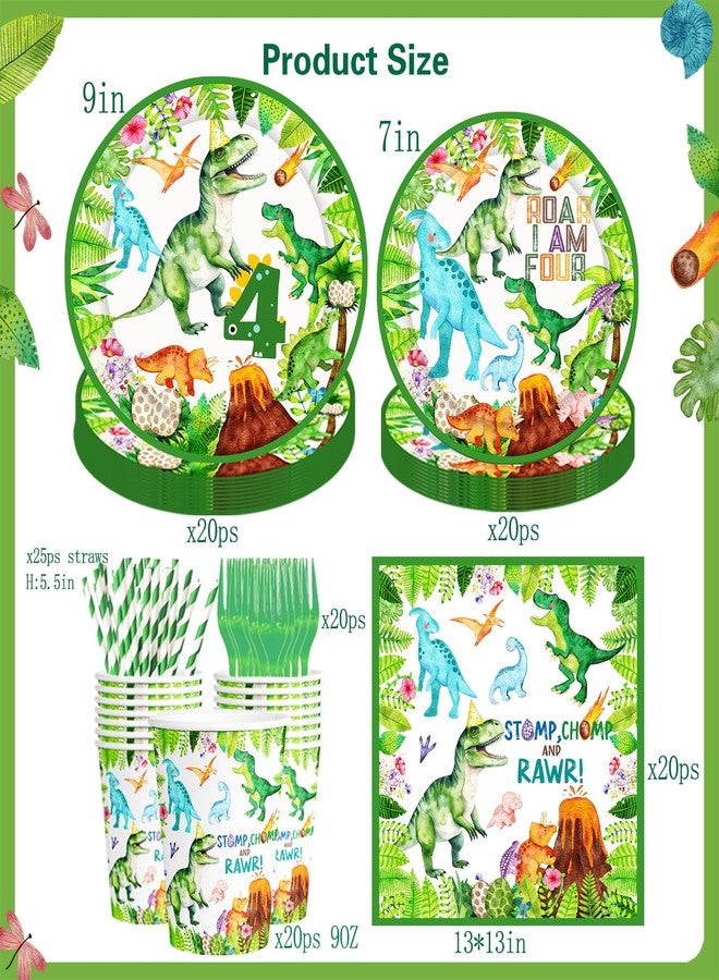 BIGKEOKI Dinosaur 4th Birthday Party Supplies Decorations Rawr Roar I am Four Party Decorations Dinosaur Plates Napkins Cups Tableware Set Balloon Box Balloon Garland Banner Backdrop TableCloth Dino Decor - Image 4